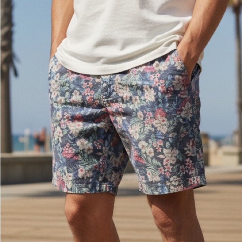 Onia Men's Floral Print Swim Shorts Size 36 Blue Red Bohemian Casual